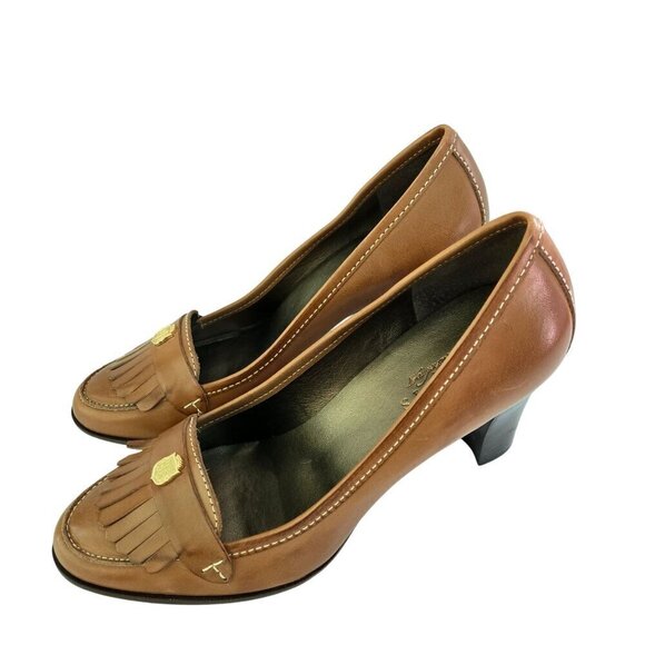 Talbots NWT Stunning Y2K Caramel Leather Fringe Logo Heels Size 10B - Picture 2 of 8